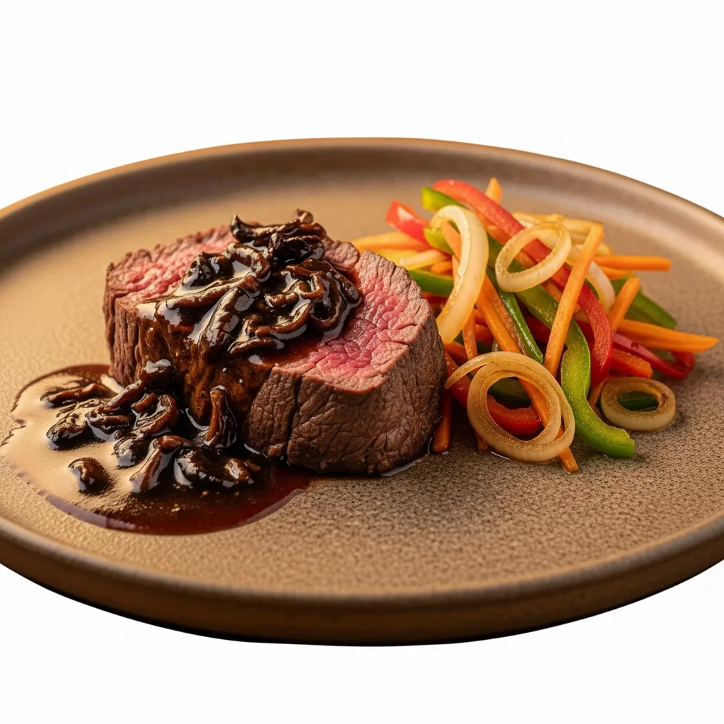 Lomo a la Forestier con salsa de hongos secos y guarnición de verduras al wok